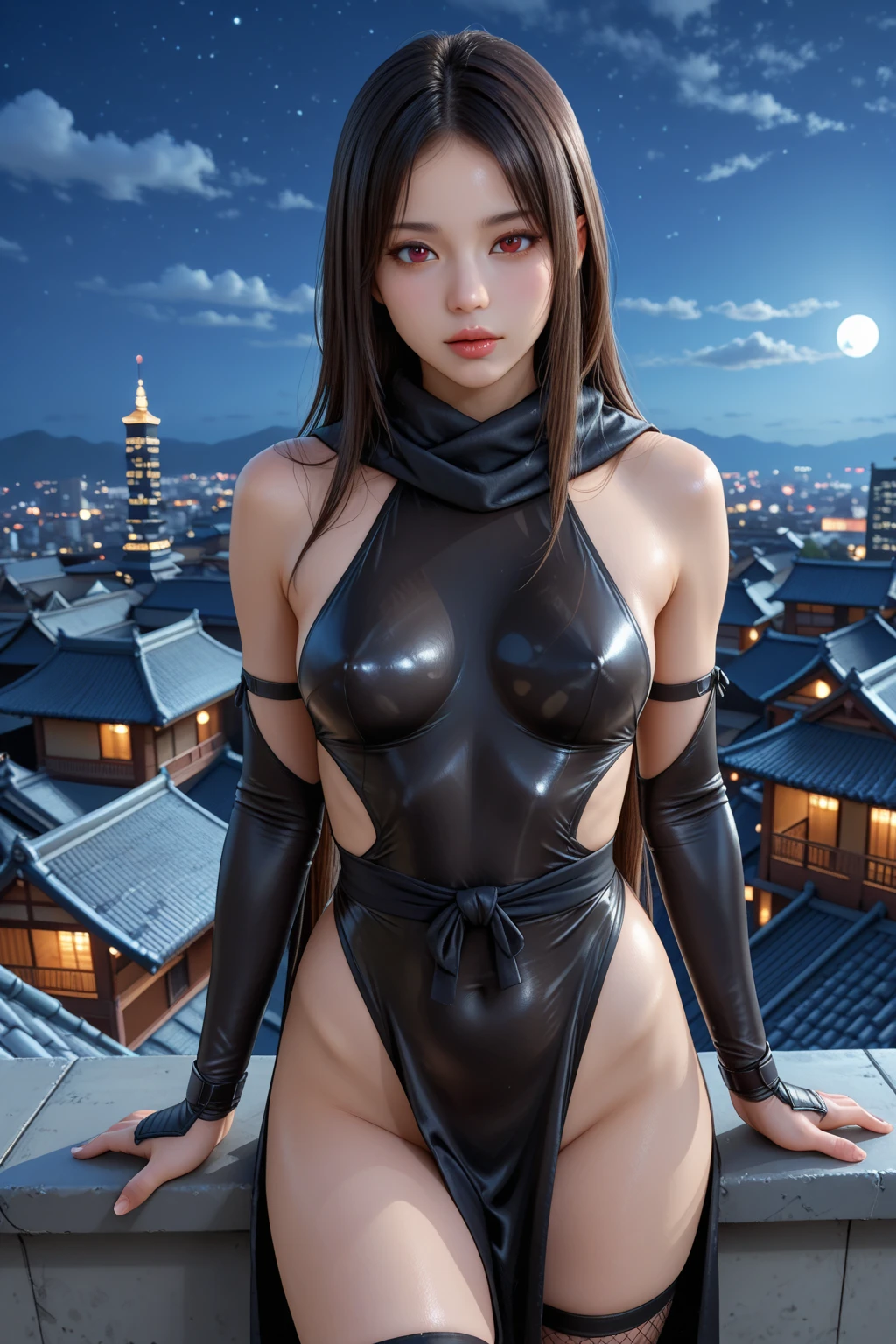 8k, RAW photo, best quality, ultra high resolution, (photorealistic), realistic photo of skinny japanese girl ninja, (skinny japanese girl, 20 years old, most beautiful japanese girl in the world, slim face, black hair, two buns hair, double buns), on top of the roof of the temple at night, japanese temple, mortal combat, bright moon light light, (full body picture), sexy pose, ninja, ninja attack, wearing black ninja costume (black ninja costume), wearing ninja mask, (looking at viewer), fierce look, menace, (extremely detailed CG unity 8k wallpaper), Sharp focus, (bright light)