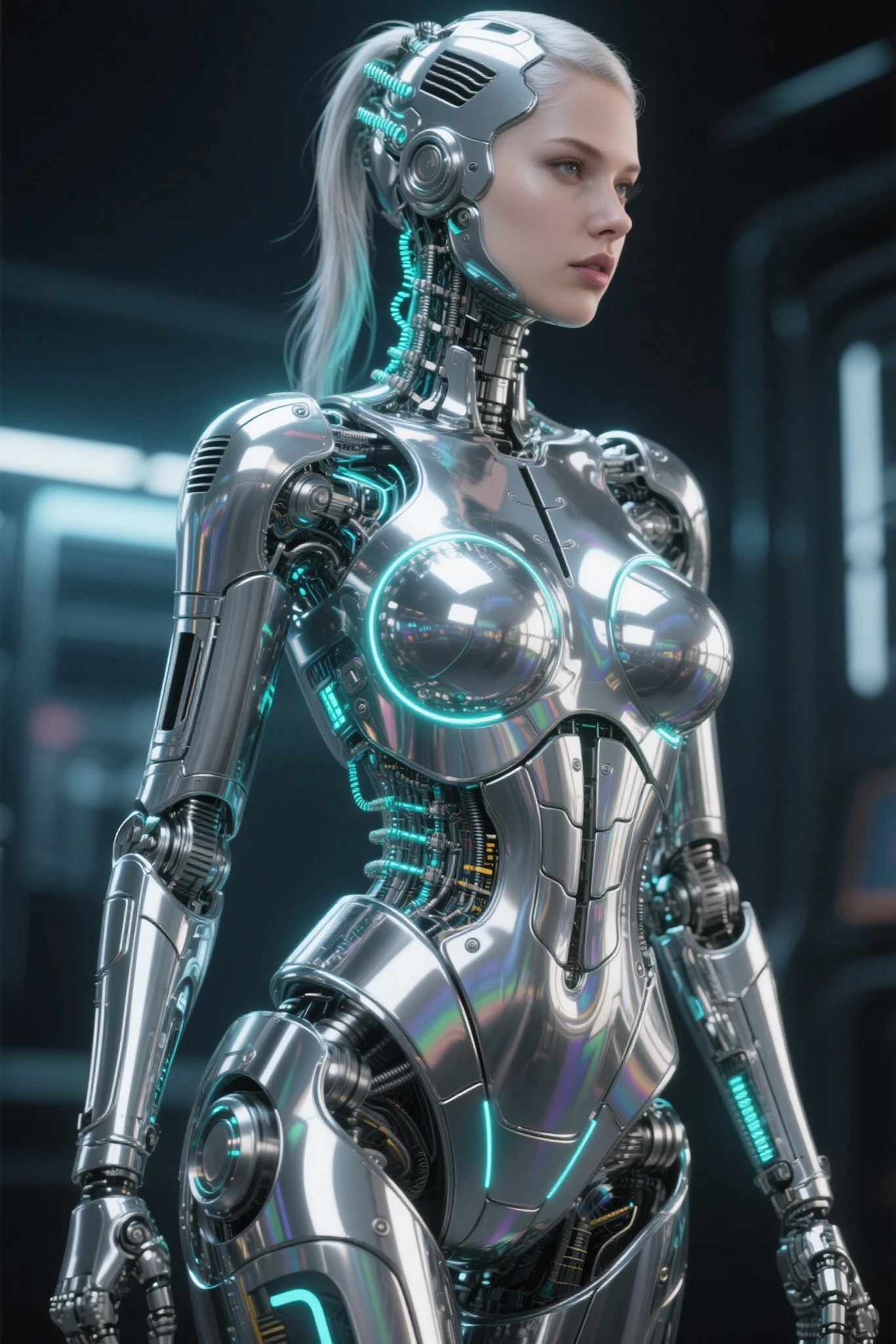 Bio mechanical cyborg girl, full body view,