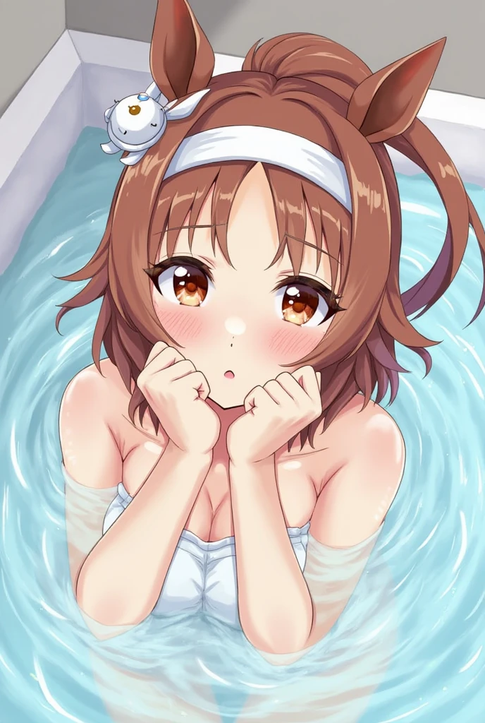 alone, One girl, Yunyun、blush 、View your viewers, Crown braids of the same color as your hair, Red Eyes、hair ornaments, Hair Ribbon, (White and pink bikini)、Poolside、So wet、(Tears of joy:1.7)、