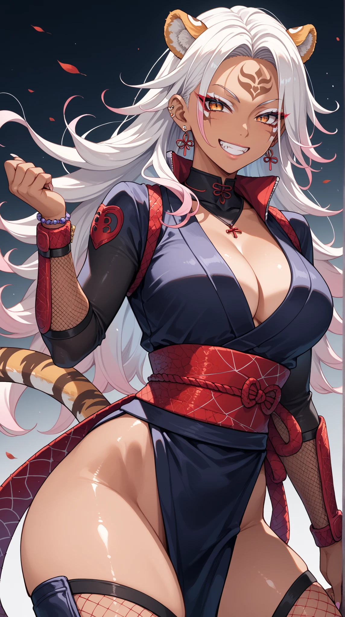 (masterpiece), high quality, expressive eyes, perfect face, a woman standing with a sword sheathed on her back, 1girl, a fusion of Yuyaki and (Leo), weapon_on_back, weapon, katana, fighting_pose_with_katana, long_hair, multicolored_hair, two-tone_hair, blonde_hair, white_hair, ponytail, full_body_shot, holding_weapon, breasts, large_breasts, forest_background, holding, hairband, cleavage, thighhighs, dark_skin, navel, holding_katana, right_eye_black, yellow_left_eye, multicolored_ eyes, dark-skinned_female, black_thighhighs, cleavage, looking_at_viewer, ribbon, hair_ribbon, fusion, metamoran vest, white pants, blue belt, black wristbands, full body, smirk, solo, sparkles, black sports bra, crop top