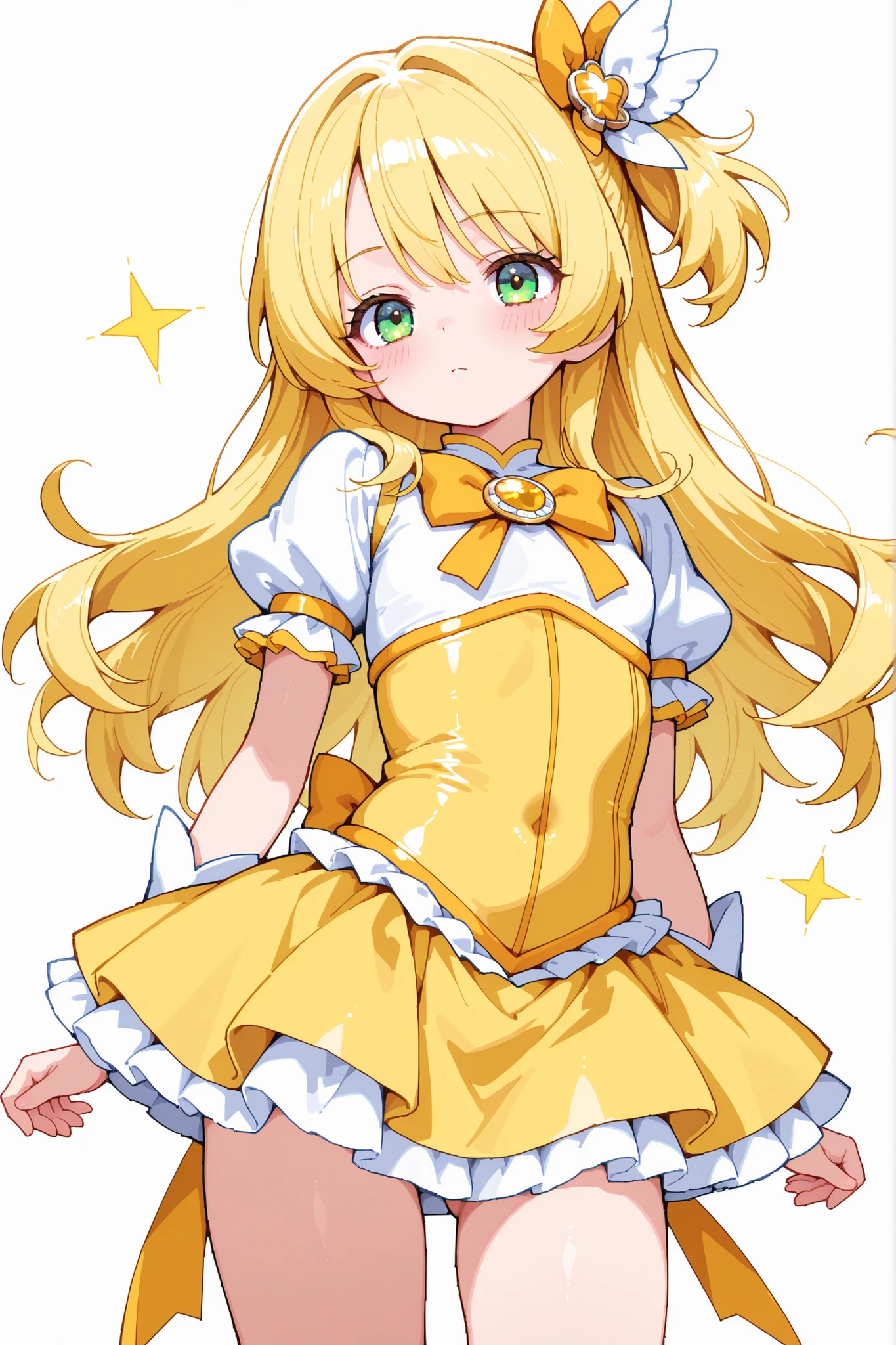 1girl, petite body, solo, (long hair:1.1), green eyes, yellow magical girl, white background, pixel