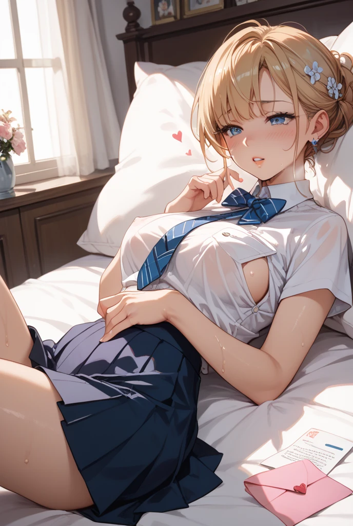 muste piece、masterpiece、highest quality、Super detailed、High resolution、8K portrait、High definition CG of Unity 8k wallpaper、cute type little:1.5、Lori:1.5、Highly detailed CG unity 8k wallpaper、Realistic、real person、 portrait photography、shiny skin、High definition、(16 years old:1.2)、(1 girl)、beautiful clear eyes、extremely detailed description、delicate face、nice lips、slender body、(thin waist)、thin legs、(bed room:1.6)、1 girl, cute type, perfect face, seriously, (blush:1.8),(Blonde Ponytail:1.3),(big breasts:1.3),((school uniform:1.3)),((skirt lifted:1.5)),(looking at view),(from front),(disapproval face:1.5),((lying:1.8)),(spread legs:1.2)