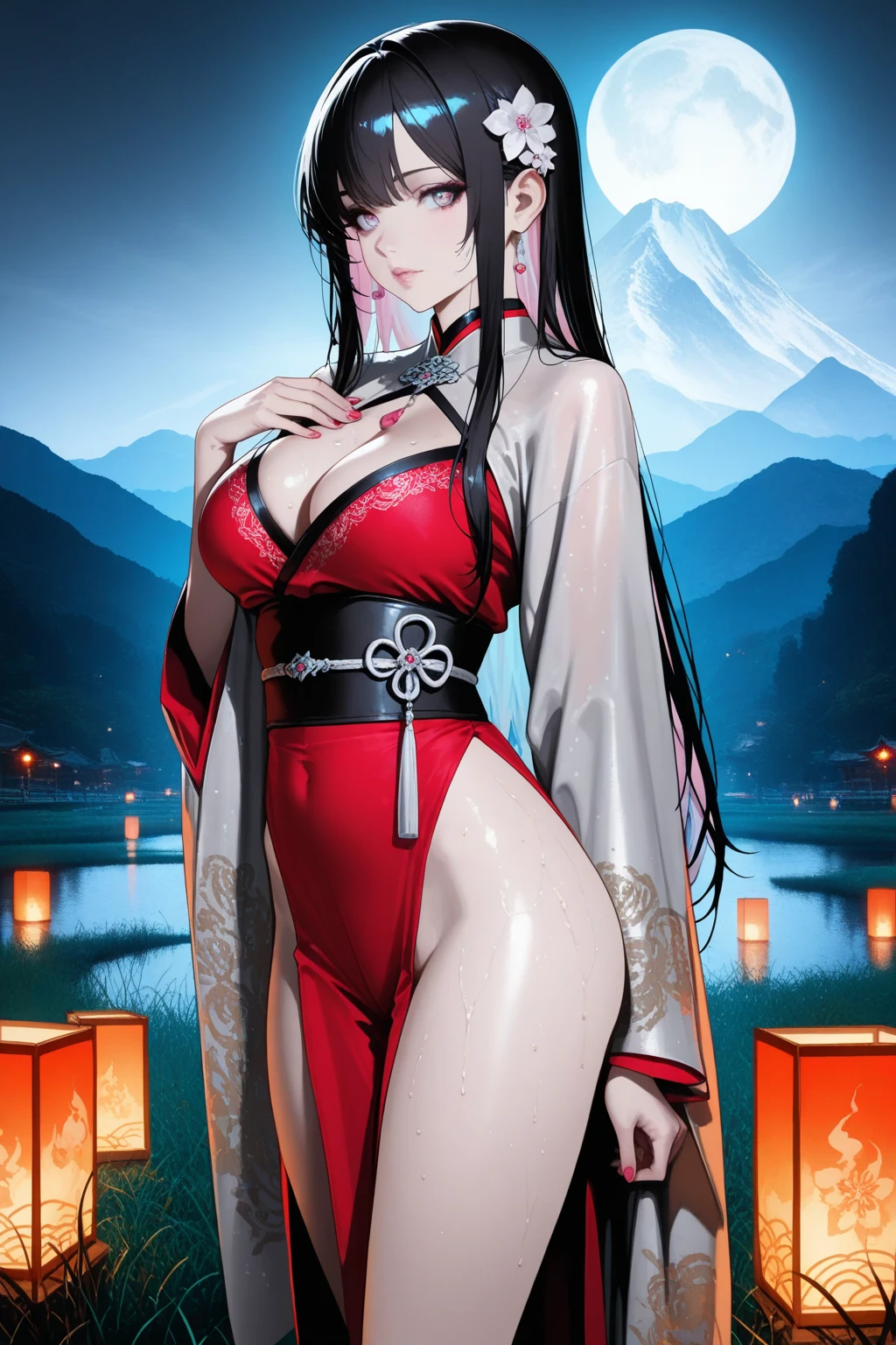 hasumi ba, long hair, choker, solo, black hair, large breasts, 1girl, black choker, hair between eyes, red eyes, parted lips, masterpiece, best quality, highly detailed, a anime girls in kimono dress with a sword posing for a
picture, bare shoulder,open kimono, evil smile, open mouth, crop top , (nsfw) not safe for work, smile,
ecchi anime style, anime girls, ecchi style, ecchi, digital anime art!!, in anime style, official artwork, visual
novel cg, beautiful anime girl, anime style 4 k, kimono pencil skirt, exposed belly, exposed navel,
exposed midriff, exposed lower belly, outdoor, japanese architecture, temple