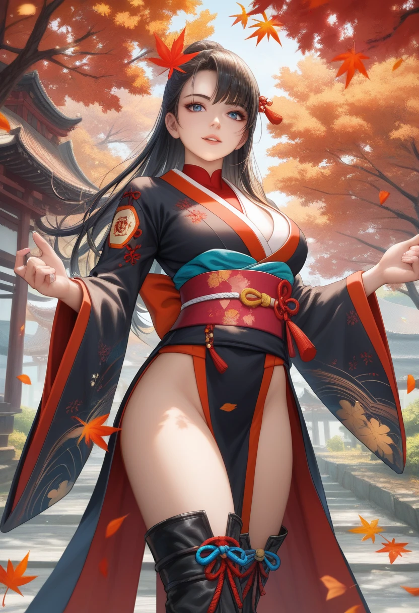 cool guy,Robe,Hanfu,Red gradient eyes,High ponytail,Long dark hair,floated hair,Black and red period costume,Dragon-patterned battle robe,Maple leaf background