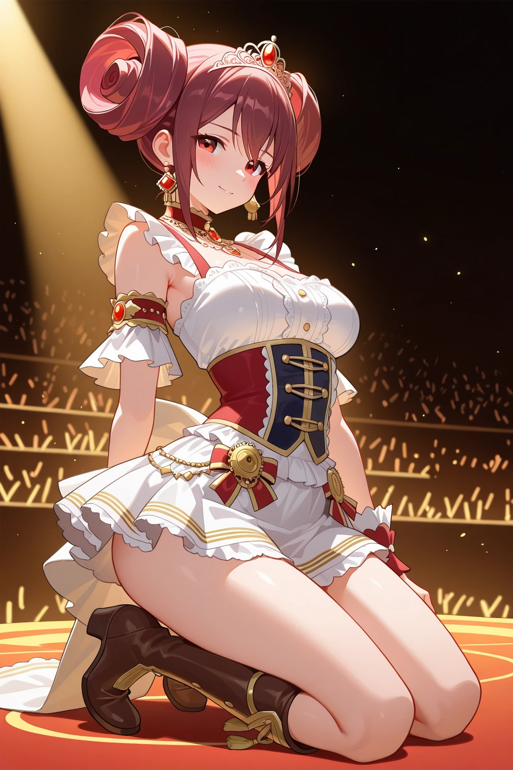 (sexy dance show:1.2),(hands up,no panties,strong wind,show off pussy,skirt lift:1.5),narita taishin \(umamusume\),good anatomy, masterpiece, best quality,realistic, hyperrealistic, 16k hdr,(red blush,smile:1.2),(Live Stage:1.3),(see through gorgeous costume:1.2),Stage costumes,Horse tail,miniskirt,clearvage,erected nipples,sweat,huge breasts,upper body,cameltoe,spread legs