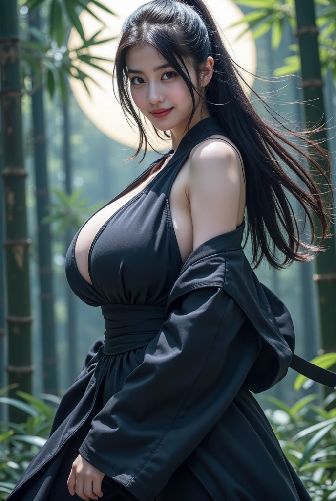 Masterpiece of High Definition and High Resonance: An Ultra Detailed 8K High Resolution, Full body potrait, tifa Lockhart on the forest temple, evening sunset, wearing black kimono with cherry blossom pattern, wavy hair, little smile, large breast, beautiful face, charming face, great composition, photorealistic, detail clothes, perfect proportions, perfect body, elegant, natural light, detail design, interior design, detail background, pose, detailed color, detailed picture