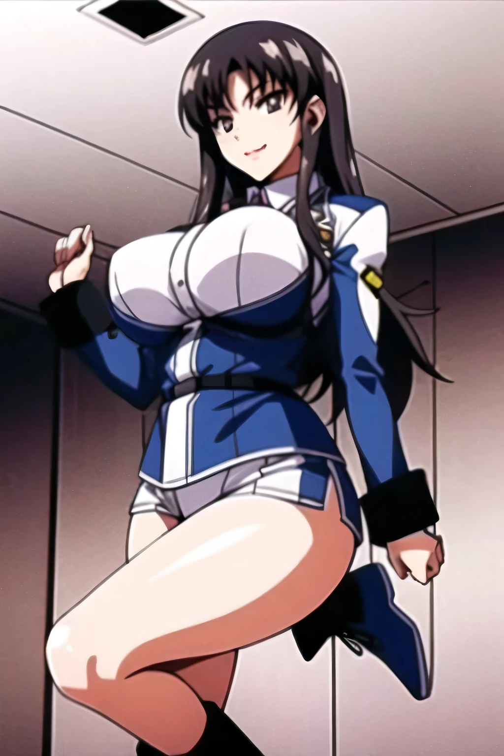 masterpiece, best quality, absurdres, 8k, perfect shadows,perfect lighting,hdr, cowboy shot,shiny skin,skindentation, beautiful body, NamiFinal, ((black hair: 1.4)), long hair, blue eyes, (crop top, underboob, elbow gloves, thigh boots, split skirt, bare shoulders, curvy, midriff, curvy, thighs, higheels, shiny clothes), complex detailed background, inside, luxury palace) (gigantic breasts,hourglass body, thin waist,very slim waist)extremely detailed face,detailed eye makeup, detail face, nice detailed eyes,nice hands, perfect hands (realistic pupils,realistic iris:1) heavy eye makeup,glowing eyes, Bright eyes,standing,standing at attention,(seductive smile), gigantic breasts, curvy, ((light dark skin: 1.4))