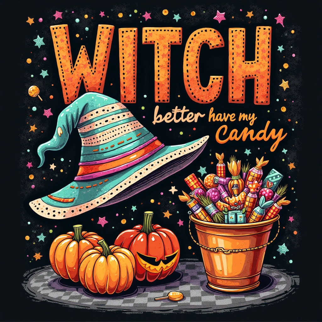 A 3D render of a Studio Ghibli-style Halloween t-shirt pattern. There are colorful, bouncing pumpkins in the air, with a cute witch with a purple and black outfit and golden hair sitting on one of them. Bats are flying around. The background is white. The design is in glowing neon colors. The phrase "Eat, drink, and be scary." is placed in the center, above the witch and pumpkins.