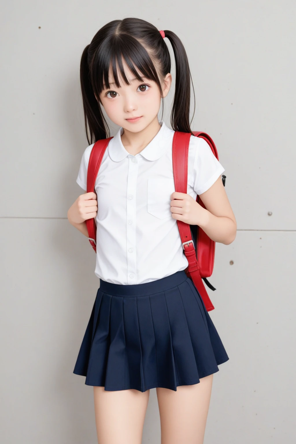 Japanese,7 years old,innocent face,teenage girl,cute,primary school student,private elementary school,uniform,summer clothes,Are standing,Entrance ceremony,In front of the school gates as cherry blossoms flutter about,The school building is the background,Up from the waist up,from the front