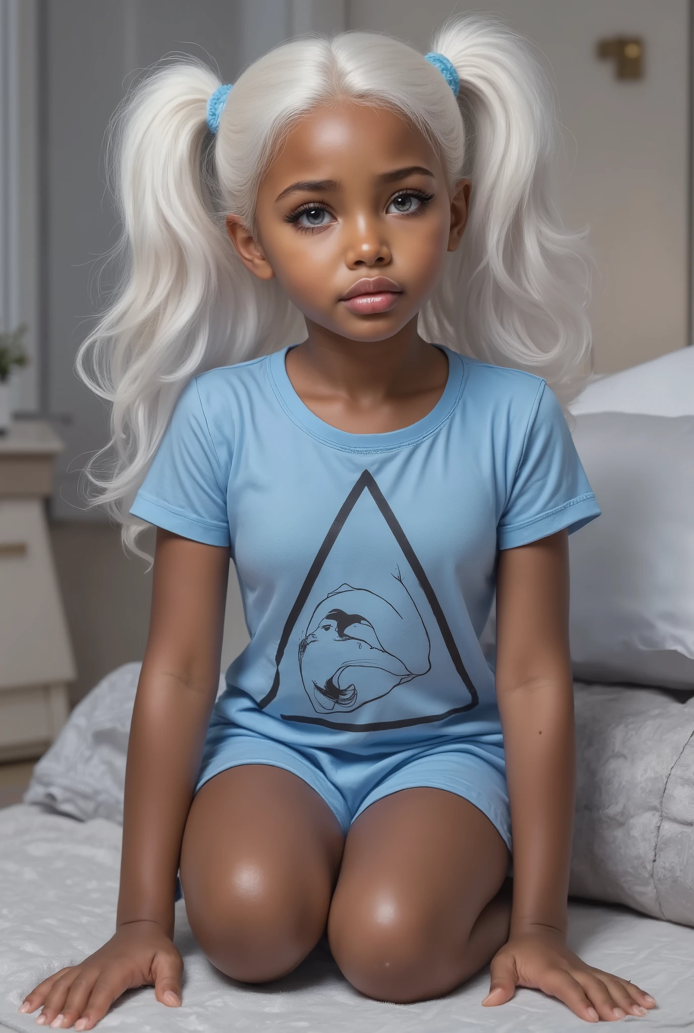 A flat chested 4 year's old girl, She is pretty tanned light brown skinned little girl, she's on her knees on the floor, her body turned to the left, she sad with tears running down her cheeks, she has two long white silver pigtails, she have small plump lips, she has a small button nose, cute slanted silver eyes with long lashes, she have on the sleeping long T-shirt blue with the black two triangles with a big Black outline, drawing of a dolphin between The triangle.