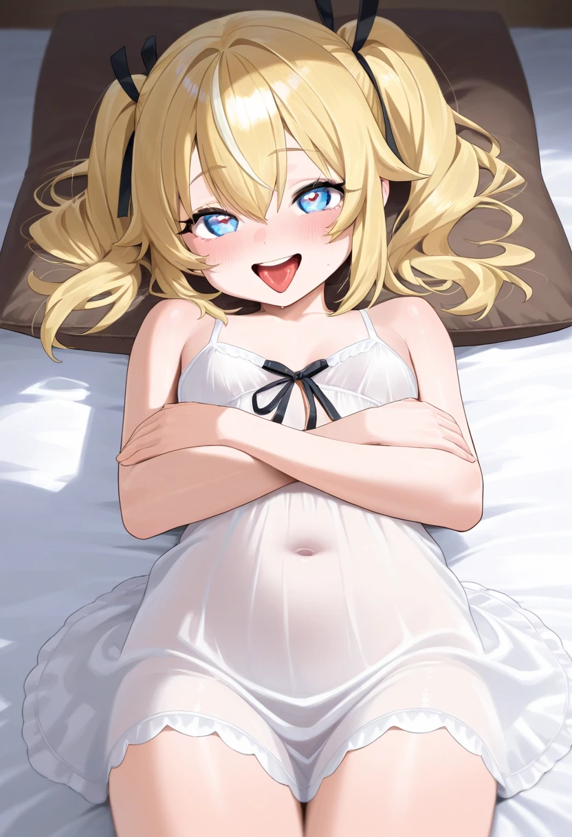 nsfw,,1 person,Sweat,White Breath,solo,Pokémon,Lillie,Groin bulge,Standing posture,(Small breasts),View from above,Bed,White dress