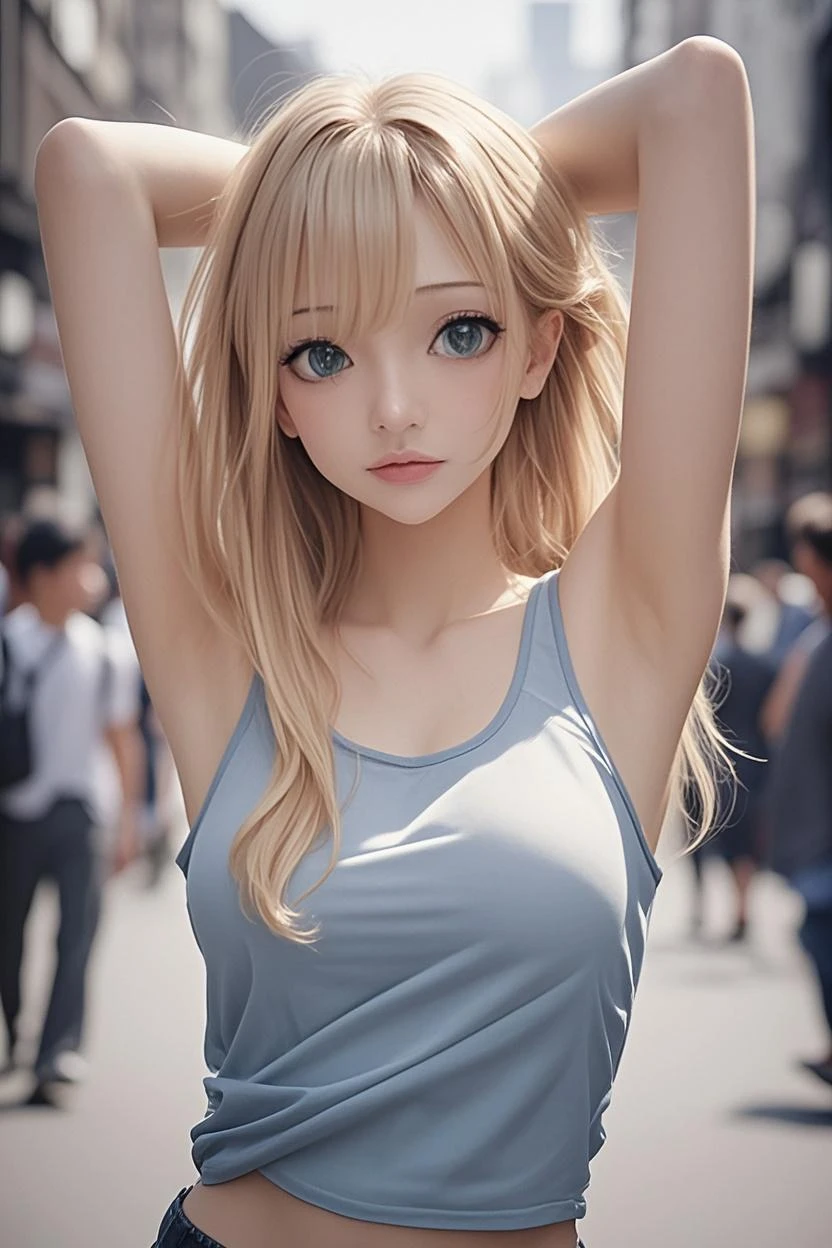 Ultra Detailed, Very Detailed, Masterpiece, Highest Quality, Best Quality, Ridiculous, High Resolution, Subsurface Scattering, (1girl: 1.5), (solo: 1.4), Smile, Blonde Light Blonde, Asymmetrical Hair, Asymmetrical Bangs , ponytail, medium bangs, hair between the eyes, brown eyes, eye reflections, detailed eyes, perfect eyes, rendered eyes, (looking at viewer: 1.1), dynamic pose, dynamic angle, full body, perfect Hand, hand detail. Details are enhanced. Refined skin, skin pores, shiny skin, lustrous skin, (skindentation:1.2), breasts, hair flow, idol, light casual clothes, delicate clothes, denim skirts, (penties:0.7), summer, daytime, sun, outdoors, college, campus, city, sidewalk, (water:0.8 ), (detailed background: 1.2), (complex background: 1.2), depth of field, small choker