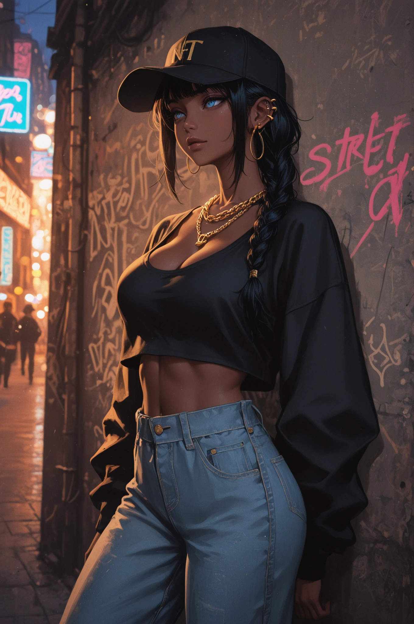 masterpiece, best quality, highly detailed, 12k hdr, (Detailed face:1.2), (Detailed eyes:1.2), 1girl, solo, nessacasual, dark-skinned female, dark skin, aqua eyes, long hair, black hair, blue hair, aqua hair, multicolored hair, two-tone hair, hair bun, single hair bun, eyeshadow, slim feminine figure, medium breasts, arrogant smile, opened blue jacket, black tank-top, ((midriff)), cleavage, denim short-shorts, white high-heels, hoop earrings, walking, arms to the side, cowboy shot, full body, cinematic composition, outdoors, city street
