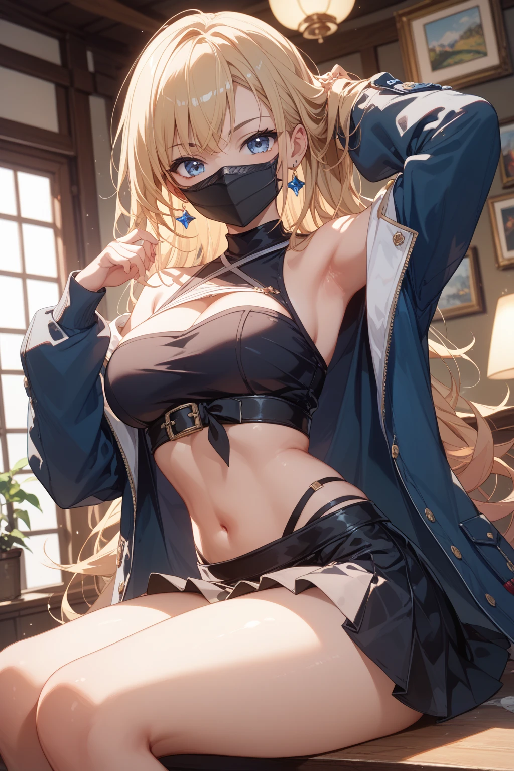 1 girl, detailed blue eyes, longeyelashes, detailed beautiful face, 4k quality, a Bit curly hair, (Long blonde hair:1.4), (arms behind back:1.5), bound arms, Red rope, blushing, (Big breasts:1.6), (black underwear, black pretty underwear, black Mini skirt, 18 jears old:1.6), OTN, gag, gagged, shibari, bondage, close ups, sitting in an upholstered armchair in a modern apartment, big window with a beach in the background, Front View of girl, raised eyebrows