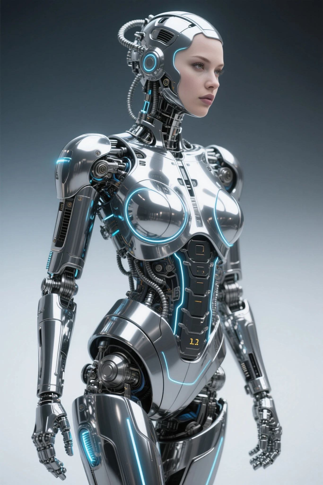 Body, body, Woman, ultra real, robot, cyborg, plain background, Stands facing the viewer, ultra high quality, Metal, dressed, robot face