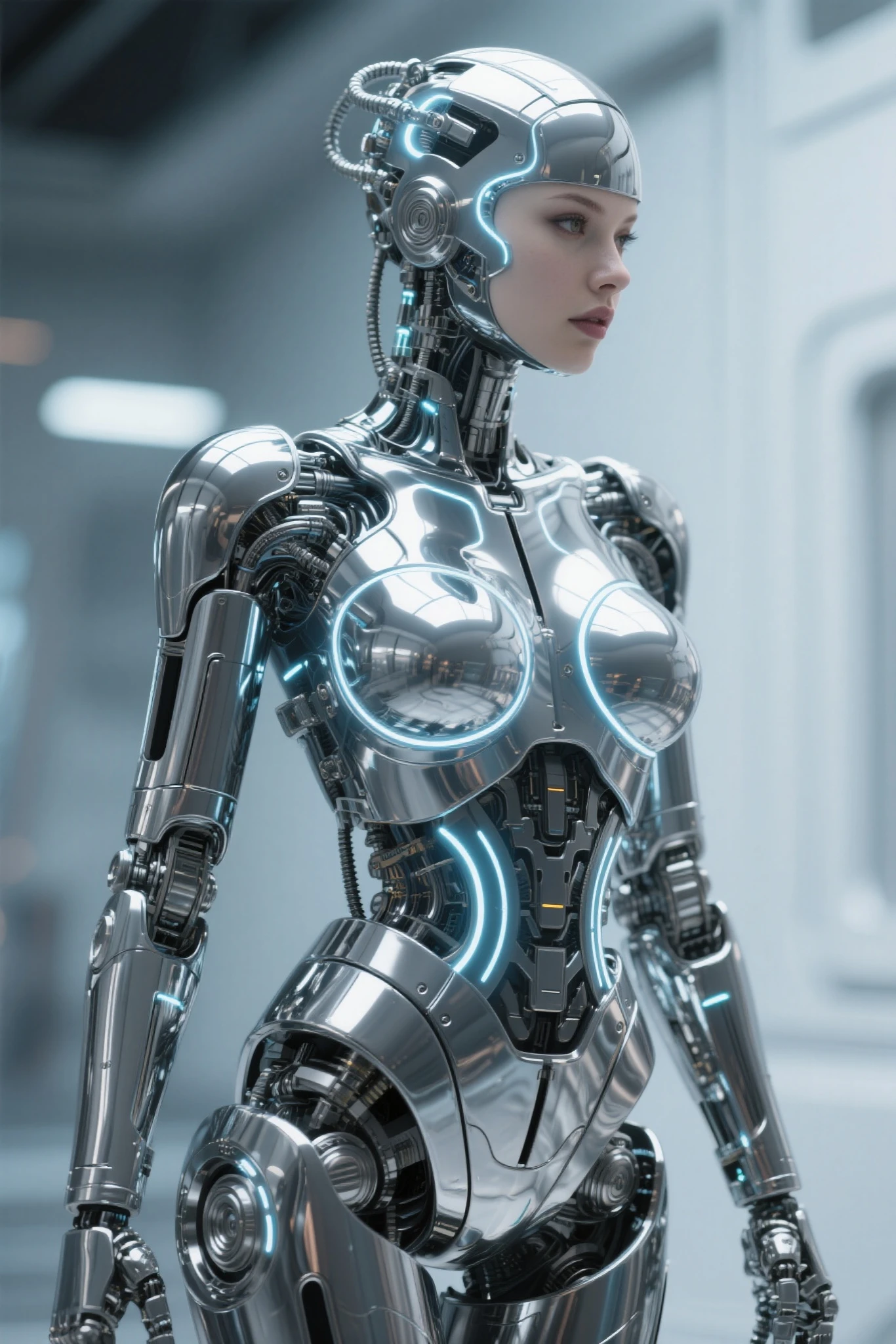 A female AI humanoid robot stands in a futuristic setting, blending human-like features with metallic components. Her skin appears lifelike but reveals intricate circuits and wires. Her body is a seamless integration of organic and inorganic elements, with a metallic exoskeleton covering her torso and wires pulsing across her abdomen. The robot contemplates her existence and the blurred line between humanity and technology, challenging the boundaries of what it means to be human and machine.