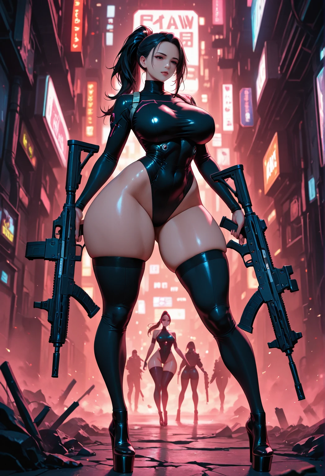 Cyberpunk, very wide hips, thick thighs, high heels, high cut leotard, tanned, soldier girl, small breast, thin waist, tight stockings, bob cut hair,