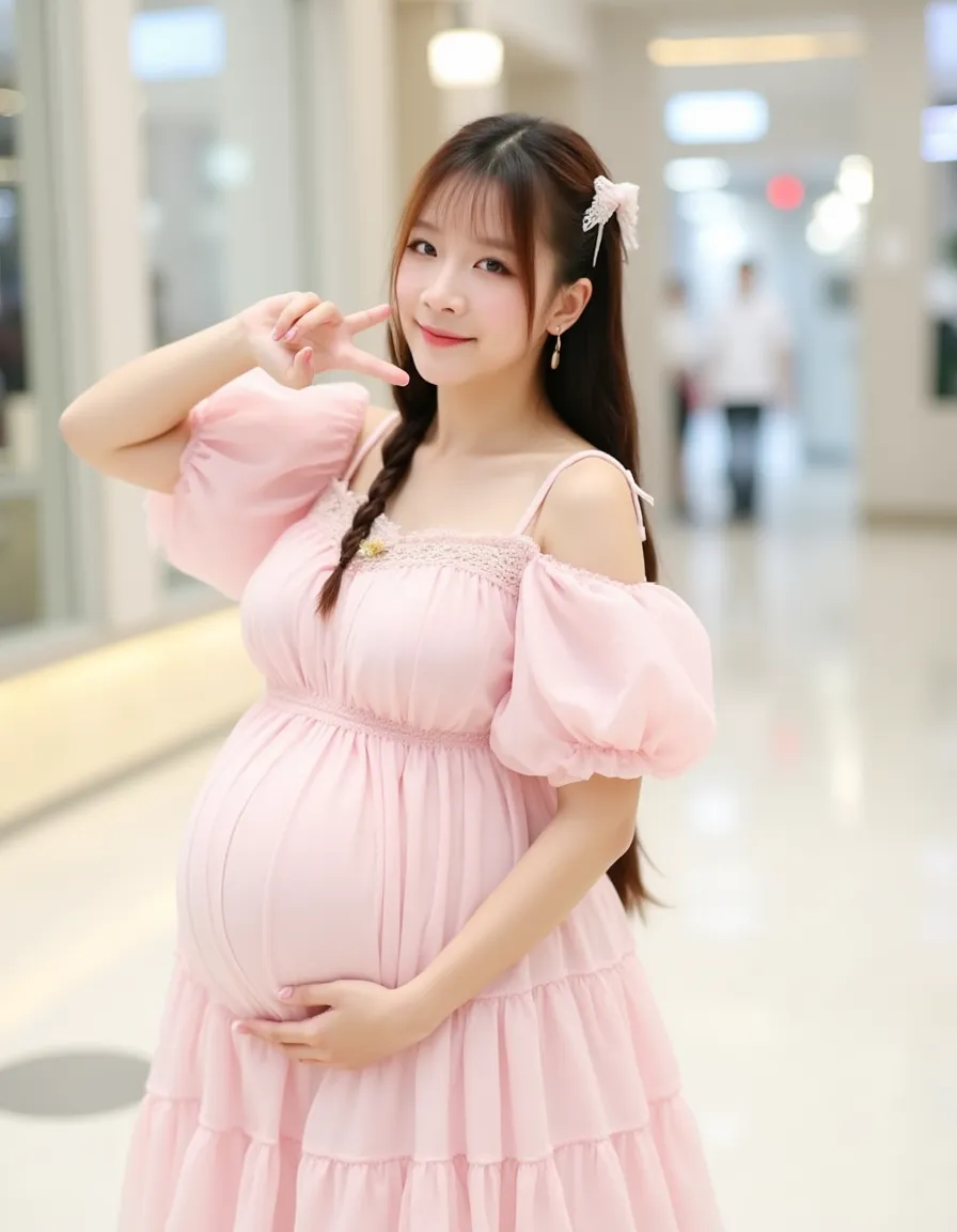 (highest quality、masterpiece、8k、best image quality、hyper realism、Award-winning work)、1 pregnant woman、(独奏:1.1)、(1 photo:1.1)、(Height: 140cm:1.1)、(low length:1.1)、(Lolita:1.1)、(Feminine and girly cute accessories:1.1)、(フェミニンでガーリーな可愛いLolita少女:1.1)、(Elegant pastel light blue T-shirt:1.1)、(Pastel light pink berry long flare skirt:1.1)、(late pregnancy:1.2)、Standing gracefully、(Random beautiful nature scenery background:1.1)、(Spectacular and mysterious scenery:1.1)、(beautiful clear sky:1.1)、(beautiful thunder clouds:1.1)、Full body photo of a woman standing gracefully with the biggest smile looking at me、accurate anatomy、perfect makeup、long eyelashes、glossy lips、Ultra high definition glossy skin、(Ultra-high definition bright and beautiful skin:1.1)、Ultra-high definition glossy lips、Super high definition beautiful teeth