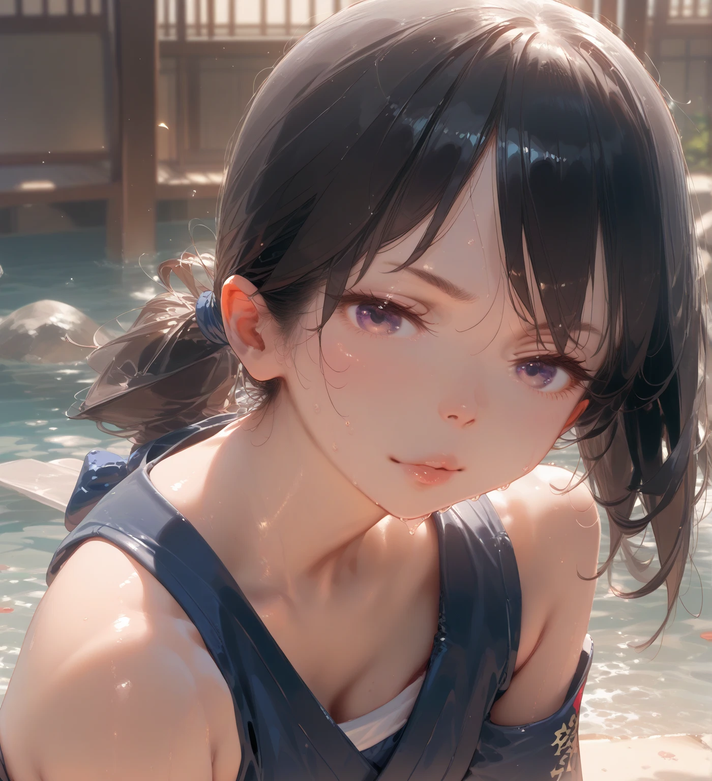 masterpiece, 4k, 8k, small breast, kawaii, Embarrassed face, 10yo,tits, Black Hair, Twin tails, Emphasize the chest、Nipple Contour, Cleavage, garden,night