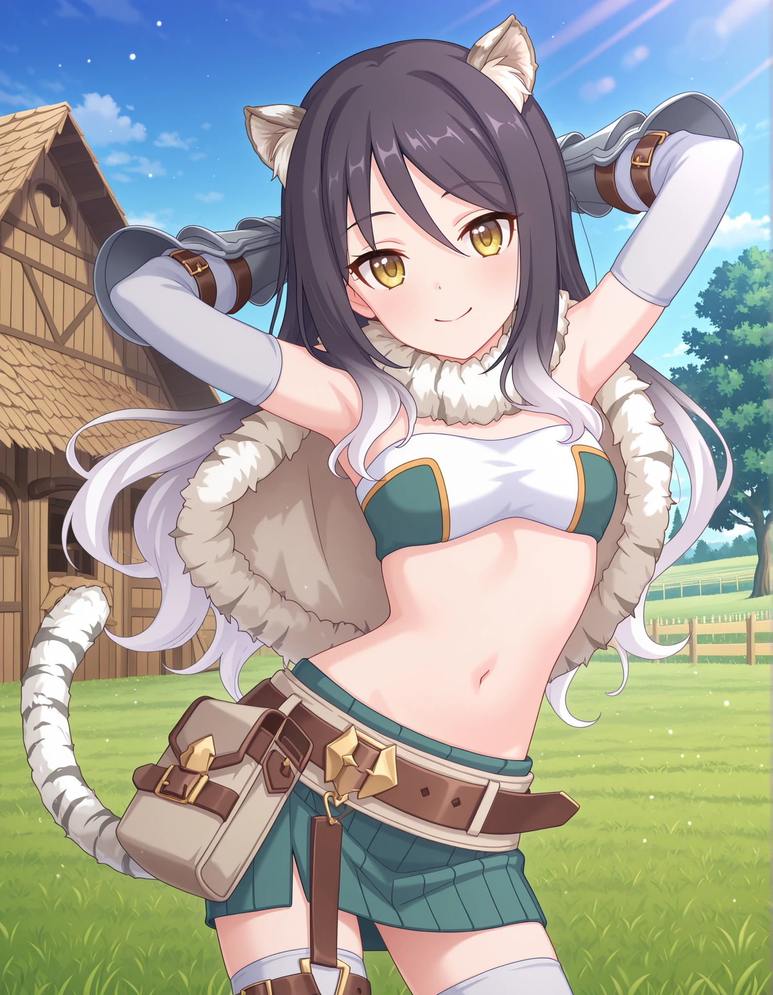 pcrshio, animal ears, animal ear fluff, black hair, gradient hair, yellow eyes, tiger tail, striped tail, pshiodef, fur-trimmed capelet, bare shoulders, two-tone bandeau, midriff, brown belt, green skirt, pleated skirt, pencil skirt, miniskirt, elbow gloves, vambraces, white thighhighs, thigh belt, anime screencap, high quality, solo, sunsetting, farm, grass, hands behind head, ((contrapposto)), closed mouth, cowboy shot, looking at viewer, smile, best quality