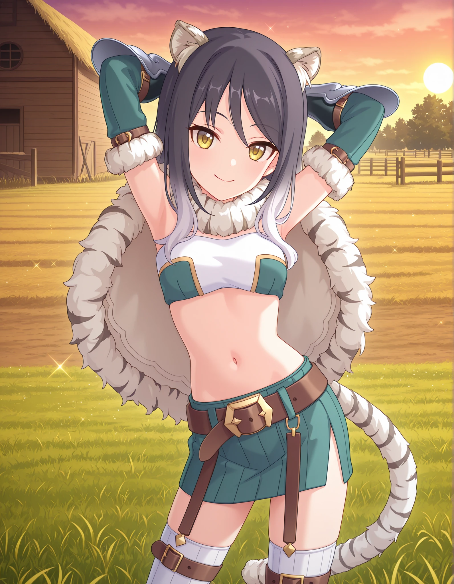 pcrshio, animal ears, animal ear fluff, black hair, gradient hair, yellow eyes, tiger tail, striped tail, pshiodef, fur-trimmed capelet, bare shoulders, two-tone bandeau, midriff, brown belt, green skirt, pleated skirt, pencil skirt, miniskirt, elbow gloves, vambraces, white thighhighs, thigh belt, anime screencap, high quality, solo, sunsetting, farm, grass, hands behind head, ((contrapposto)), closed mouth, cowboy shot, looking at viewer, smile, best quality