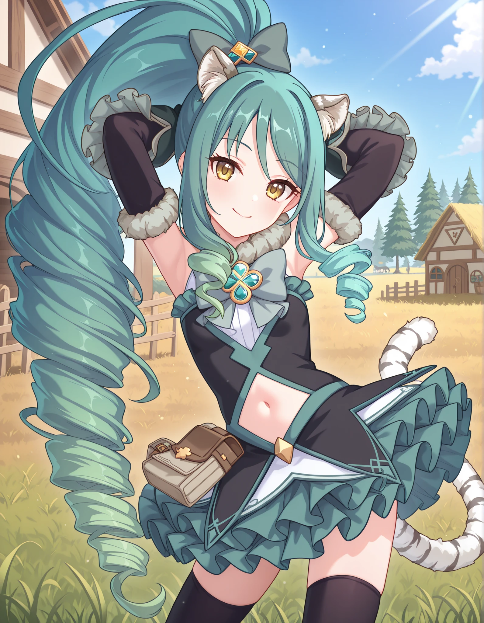 pcrshio, animal ears, animal ear fluff, gradient hair, yellow eyes, tiger tail, striped tail, pshiomag, green hair, aqua hair, very long hair, ponytail, drill hair, magical girl, hair bow, fur collar, sleeveless dress, bowtie, club \(shape\), jewelry, white shirt, black dress, frills, stomach cutout, fur-trimmed gloves, black gloves, elbow gloves, pouch, frilled skirt, layered skirt, green skirt, black thighhighs, high quality, solo, farm, sunsetting, grass, hands behind head, ((contrapposto)), closed mouth, cowboy shot, looking at viewer, smile, best quality