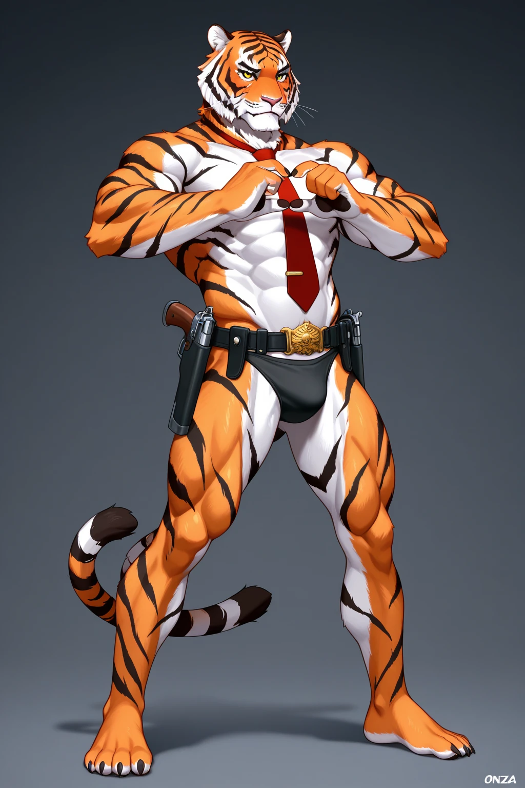 furry bara, a tiger man, orange in color, he is handsome, with medium sized hair tied up, he is a military man and he has a scar on his left eye, the scar is red, he has black eyes with a white pupil, He wears a military beret with black and gold details, he has a pink snout, he wears a black scarf that covers his throat and a little of his shoulders, he wears a katana on his back, he is shirtless and he has a white belly that the white goes up to his neck, he is shirtless and he has stripes across his body, he is very muscular, with a tattoo on his left shoulder, he wears faxes which are black bandages from the elbow to the wrists, he wears black cargo pants with ribbons and rings, and wears a black suspender, and he wears a black military boot.