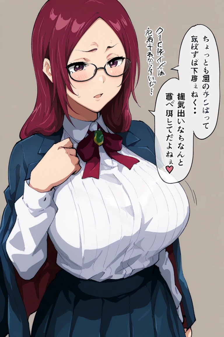 (masterpiece, high resolution, best quality, anime colored, anime screencap, 8k, photorealistic), Shizuku Murasaki, 1girl, cute, black hair, short hair, glasses, expressionless, huge breast, (tight black turtleneck long sleeve), (upper body, looking at view, from below), denim, inverted cross chain necklace, (perfect detailed anatomy, beautiful detailed eyes&hair, beautiful face, shiny skin), sunshine outdoors