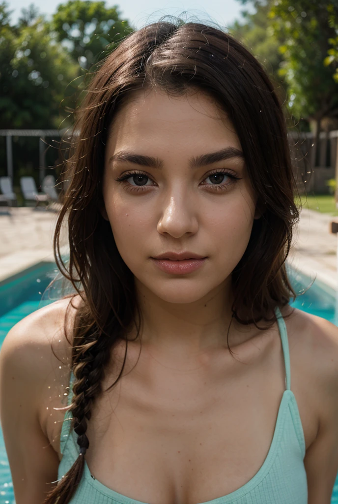 (photo from Instagram), (masterpiece), Best quality, a high resolution, super detailed, photo of a pretty Russian young woman, high, with small breasts, brown long hair, big brown eyes, big lips, thin press, small nose, natural makeup, black swimsuit, Pool, Exquisite rendering of the face and skin texture, detailed eyes, Double eyelid on top, 24 mm, 4k textures, realistic, 8k, DSLR camera