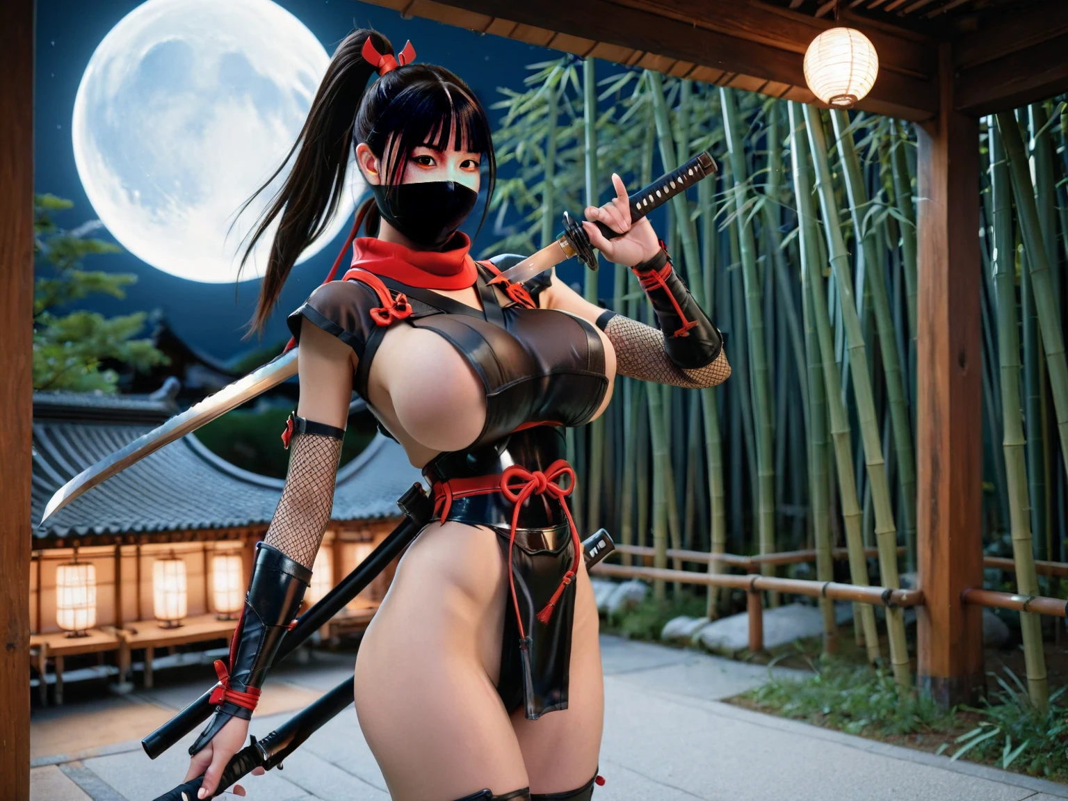 woman in sexy ninja outfit, traditional japanese shoes, masked, long red hair, bangs hair, dojo, high detailed, realistic full-lenght photo, 4k