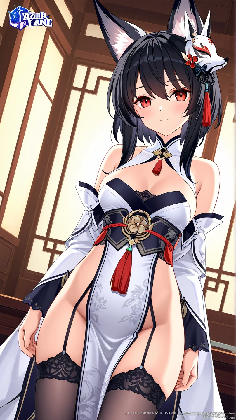 best quality, masterpiece, highres, solo, {zuikaku_azurlane:1.15}, long_hair, brown_hair, breasts, large_breasts, bangs, yellow_eyes, blush, cleavage, very_long_hair, hair_ornament, smile, collarbone, brown_eyes, ponytail, 1girl, bare_shoulders, black_gloves, dress, earrings, fox_mask, gloves, holding, holding_mask, japanese_clothes, jewelry, looking_at_viewer, mask, mask_removed, sleeveless, belt, corset, half_gloves, kimono, makeup, official_alternate_costume, shoulder_strap, hair_flower, sleeveless_dress, sword, weapon