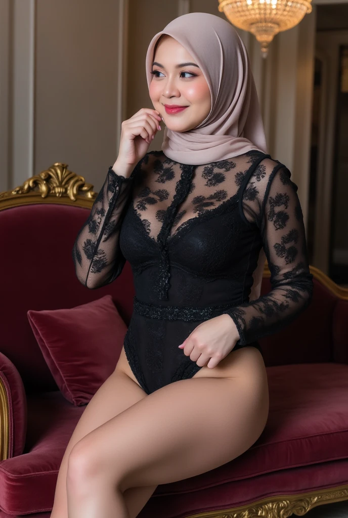 RAW, Best quality, high resolution, masterpiece: 1.3), beautiful Malay woman in hijab (iu:0.8),(Best quality, 8k, masterpiece: 1.3), with perfect figure: 1.2, Malay woman in hijab wearing long sexy pajamas is sitting on the spot sleeping, wearing high heels, lying on the bed, detailed photos, professional photos with professional lighting, gentle smile, bedroom, sexy seductive pose, curvy