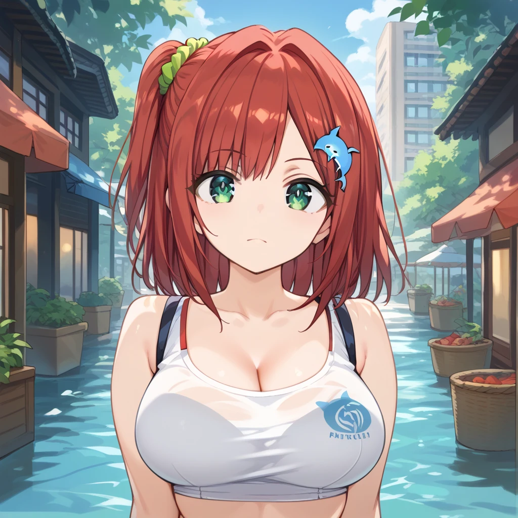 Nakano Nino、A pink-haired、Colossal tits、butterfly hair ornament、Colossal tits、cleavage of the breast、white  shirt、pleatedskirt、Green skirt、Wet clothes and wet clothes,5-Fingers, Looking at Viewer, white thighhig,undergarment