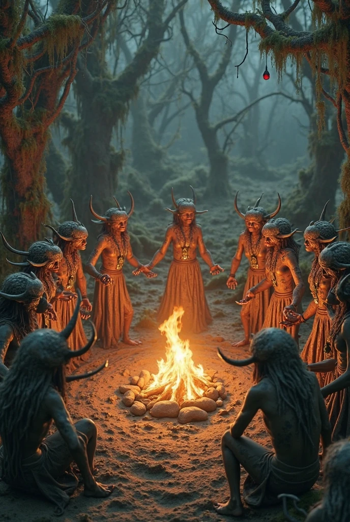 A powerful, photo-realistic depiction of a group of nude young Korean females, aged around 20, belonging to a primitive cannibal tribe. Their bodies are toned and muscular, a testament to their harsh lifestyle and constant struggle for survival. Each woman boasts long, flowing white hair that reaches down to their waists, starkly contrasting with their deeply tanned and sweat-glistened skin. Their nudity is adorned only by intricate, handcrafted necklaces made of bones and feathers, symbolizing their fearsome status within the tribe. They stand in a semi-circle, their expressions a mix of fierce determination and feral hunger, with their eyes highlighted by the flickering firelight that illuminates the scene. The background is a dense jungle, with vines and foliage entwining around their limbs, emphasizing their wild, untamed nature. The center of the group is occupied by the most muscular and dominant member, her sculpted abs and biceps rippling as she hoists a freshly caught prey over her head. The prey's body, still warm and dripping with life, hangs limp, a grim offering to the tribe's insatiable appetite. The surrounding females look on, some licking their lips in anticipation, others sharpening their teeth and weapons, ready to partake in the communal feast. The scene is suffused with a raw, primal energy, each detail meticulously rendered to evoke a sense of danger and unbridled savagery that could only exist in the most untouched corners of the world.