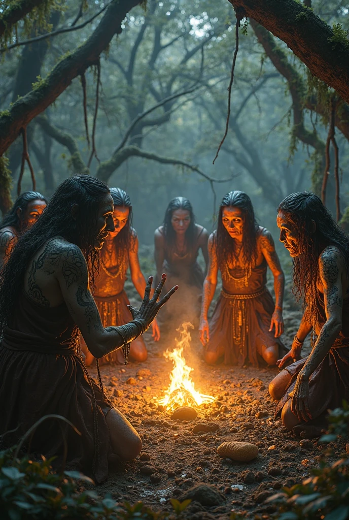 A powerful, photo-realistic depiction of a group of young Korean females, aged around 20, belonging to a primitive cannibal tribe. Their bodies are toned and muscular, a testament to their harsh lifestyle and constant struggle for survival. Each woman boasts long, flowing white hair that reaches down to their waists, starkly contrasting with their deeply tanned and sweat-glistened skin. Their nudity is adorned only by intricate, handcrafted necklaces made of bones and feathers, symbolizing their fearsome status within the tribe. They stand in a semi-circle, their expressions a mix of fierce determination and feral hunger, with their eyes highlighted by the flickering firelight that illuminates the scene. The background is a dense jungle, with vines and foliage entwining around their limbs, emphasizing their wild, untamed nature. The center of the group is occupied by the most muscular and dominant member, her sculpted abs and biceps rippling as she hoists a freshly caught prey over her head. The prey's body, still warm and dripping with life, hangs limp, a grim offering to the tribe's insatiable appetite. The surrounding females look on, some licking their lips in anticipation, others sharpening their teeth and weapons, ready to partake in the communal feast. The scene is suffused with a raw, primal energy, each detail meticulously rendered to evoke a sense of danger and unbridled savagery that could only exist in the most untouched corners of the world.
