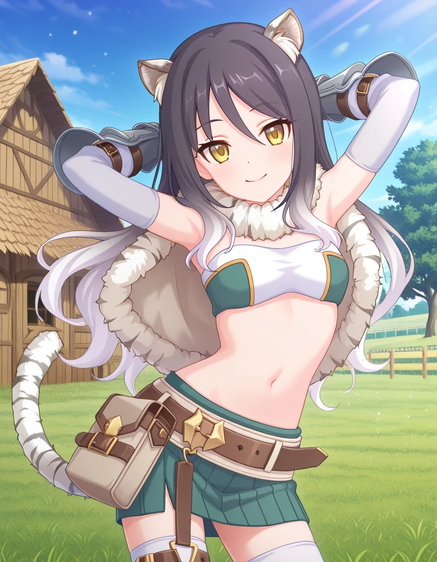 pcrshio, animal ears, animal ear fluff, black hair, gradient hair, yellow eyes, tiger tail, striped tail, pshiodef, fur-trimmed capelet, bare shoulders, two-tone bandeau, midriff, brown belt, green skirt, pleated skirt, pencil skirt, miniskirt, elbow gloves, vambraces, white thighhighs, thigh belt, anime screencap, high quality, solo, sunsetting, farm, grass, hands behind head, ((contrapposto)), closed mouth, cowboy shot, looking at viewer, smile, best quality