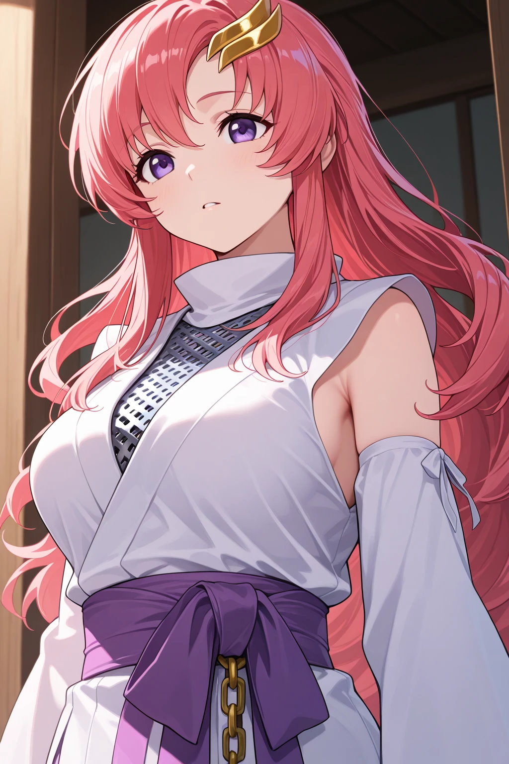 1girl, aiue oka,upper body,huge breasts,long hair,bangs,pink hair,kimono,yae miko,looking at viewer,cleavage,hair ornament