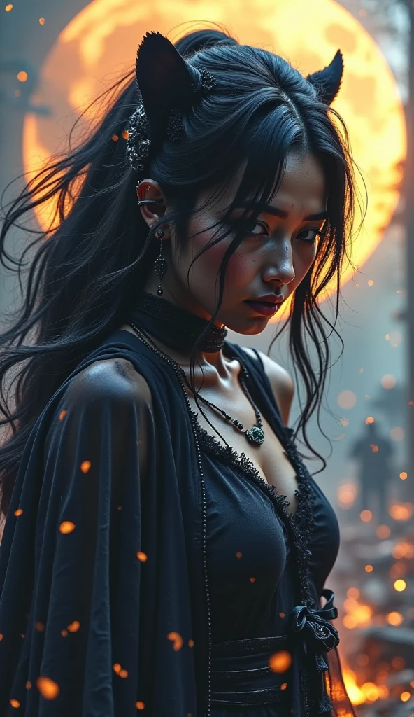 A beautiful Taiwanese girl is here, her long hair seems to be involved in a spinning motion, add a dynamic impression to the image.has a black rose tattoo on his chest.displays "NANA" on his shoulder. The background is blurred,and the divine thin smoke, and surreal elements like floating flames hint at his thermokinetic abilities., creating a subtle atmosphere around him.