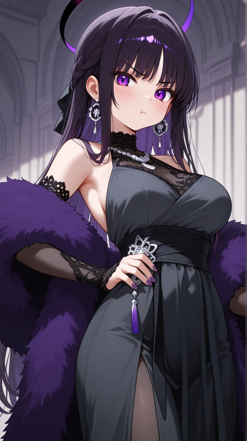 An adult woman, half wolf and dragon, black hair, black wolf ears, black dragon tail, blue eyes, has a collar with a little golden heart, very shy, wide breasts, black and purple dress