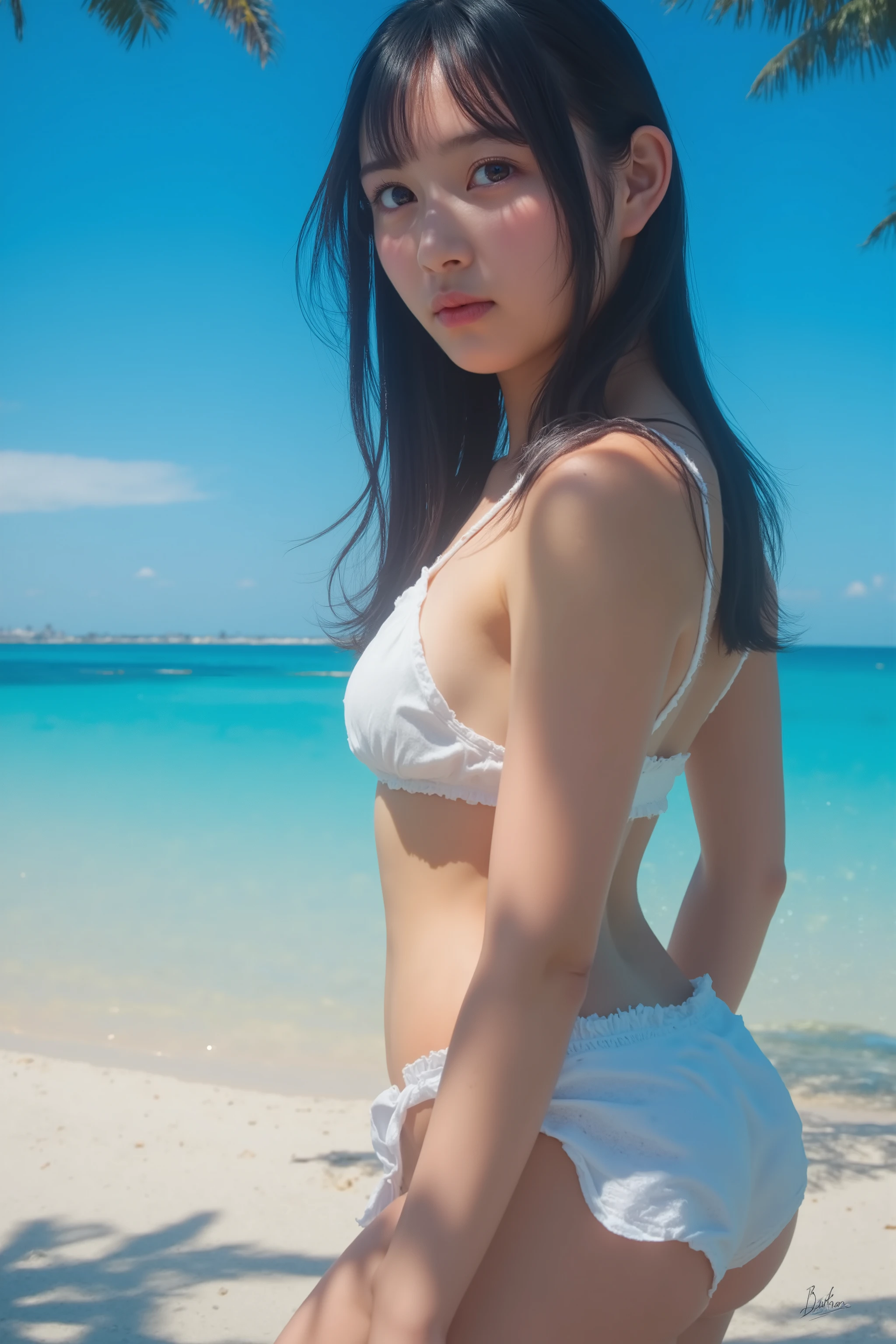 (((One girl,alone))),(Highly realistic photos, High resolution, Detailed face, Beautiful Eyes) 30 years old, Big eyes, Nice body, Medium chest, ,Hairstyle, Healthy Body,Thighs、Mine Fujiko、Depth of written boundary,Narrow eyes,Light Smile、Wind、It's raining a little、Body like a model、Waterfront、Dark Shadow、Dark Sky、Sit down and spread your legs,(ビキニスタイルのBeachバレーユニフォーム:1.5),Beach