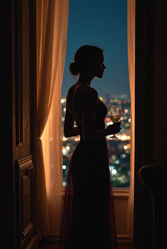night scene, back view, fancy balcony, moonlight, silhouette of a woman in night dress holding glass of wine looking out into moonlight.