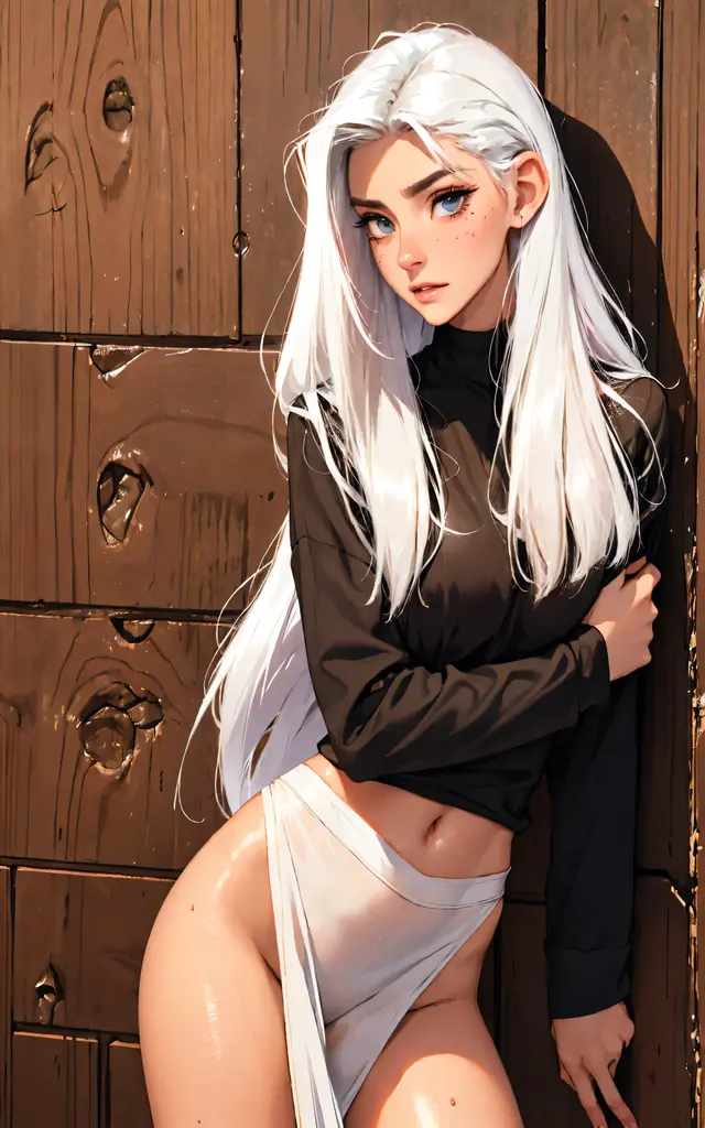 Perfect human body modeling, 1 girl, expressionless, Japanese face, 16 years old, cute girl, blunt bangs and Beautiful long straight and light gray hair, beautiful red eyes, Fairly thin body, albino, No muscles, beautiful naked girl, completely nude,