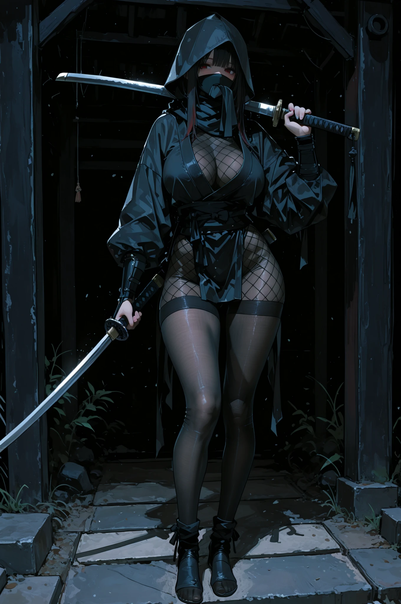 hyper realistic photography, Portrait, top-quality, masterpiece, 16 K, very high res, exposed ultra huge cleavage, Slim body, (((in the Messy, abandoned Japanese house))), (outfit: torn, tattered Ninja sheer clothes, Japanese Ninja cosplay, Kunoichi, mature Sexy Female Spy, mature erotic thief, Ninja style black mask, Ninja style black hood, holding a Japanese sword), (1girl in, perfect human shape), ultra realistic textures, Combat poses with weapons, ((view full body, view entire room)), Realistic shaving armpits, Spilled natural huge breasts out,