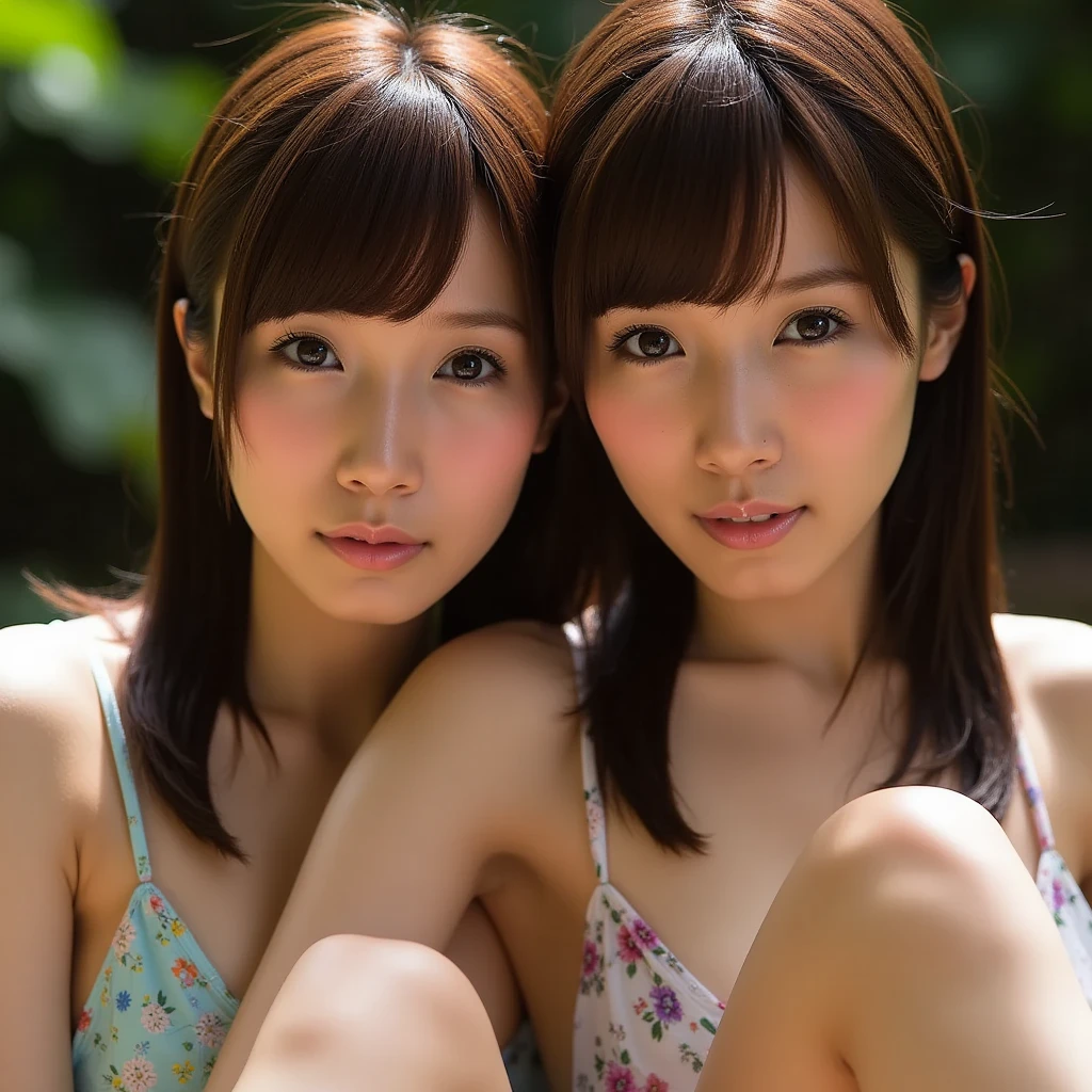 Two women of the same person huddled together、Exactly the same face、Exactly the same body type、Exactly the same hairstyle、Instagram model from another dimension, by 2 person, Imaginative, Metaphysical, Whimsical, Anaglyph Style, 1 Japan, Cute Face, 18-year-old,
