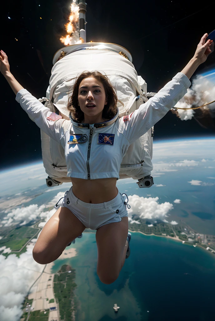 distance shot, Full length portrait, a beautiful 30 year old brunette woman, Skydiving in a space suit inside a space station., long hair floating in the air on a spaceship, Hair drifting in zero gravity., legs open, in front of the viewer, View of dark outer space and planet Earth in the window of the space station., wearing tight white spandex shorts and a white sports bra with the NASA logo, showing abdomen, 4k extremely photorealistic, uhd 4k highly detailed, ((ethereal lighting, ultra high resolution.photorealistic:.1.4, (high detailed skin:1.2), 8k hd, DSLR, high quality, film grain, Fujifilm XT3,(Masterpiece) (Best Quality) (detailed) (cinematic lighting) (sharp focus) (intricate)