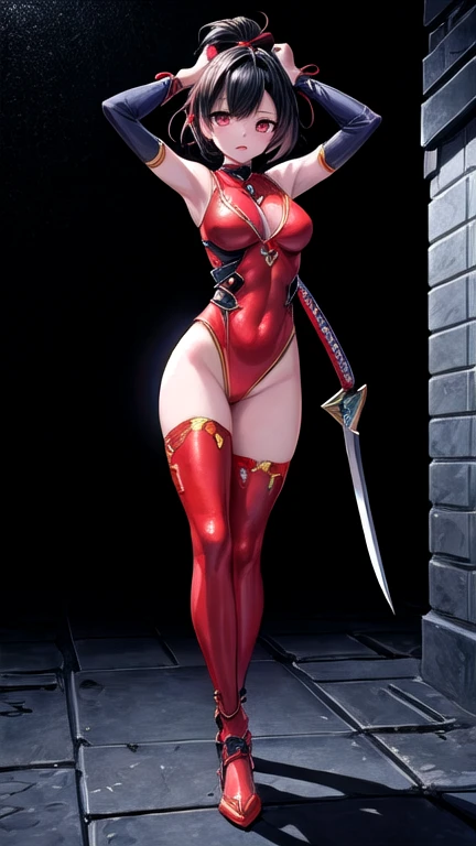 master piece、Superior Quality、1 girl in、(Stella Vermillion)、Ligature bracelet、muscular thighs, muscular belly, wide hips, (very thin waist), large breasts, very hard breasts, Breasts, very hard nipples, (( (holding 1 fire sword with two hands))), wearing red shoes with high heels scene), very hot, well-made hands, red nails, well-done red manicure with lots of details, {{{wearing a well-made bikini , short and very sexy}}}, eye reflection, extended eyes, (red eyes), lonely, Pouting, anime, anime style, Luminous lighting, ray tracing, panorama, Nikon, Udisk hard, master piece, precise, anatomically correct, textured skin, Super Detail, high quality, best quality, ultra-high resolution, Hard Udisk, 16k