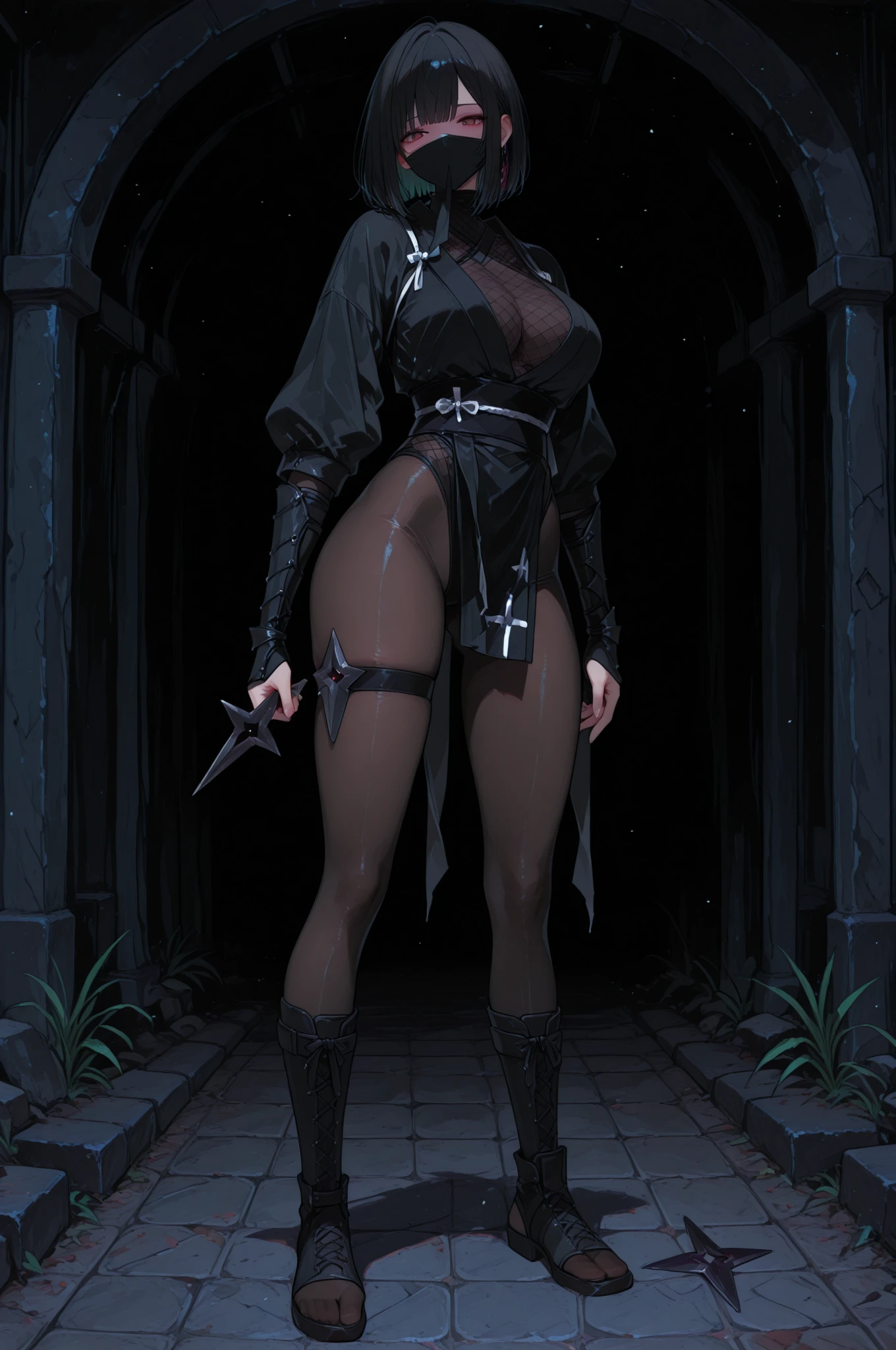 Beautiful devilish woman, naked, Long white hair, pubic hair,Bloody, tooth, horn, Harsh Forest,  
 One girl, sexy_Nuns,((Genital tattoo)), Long white hair, Black Veil, Red eyes, Red lips, White Bikini, Cutout of the stomach, belly button, Black long sleeve, Black leather pants, Black boots,