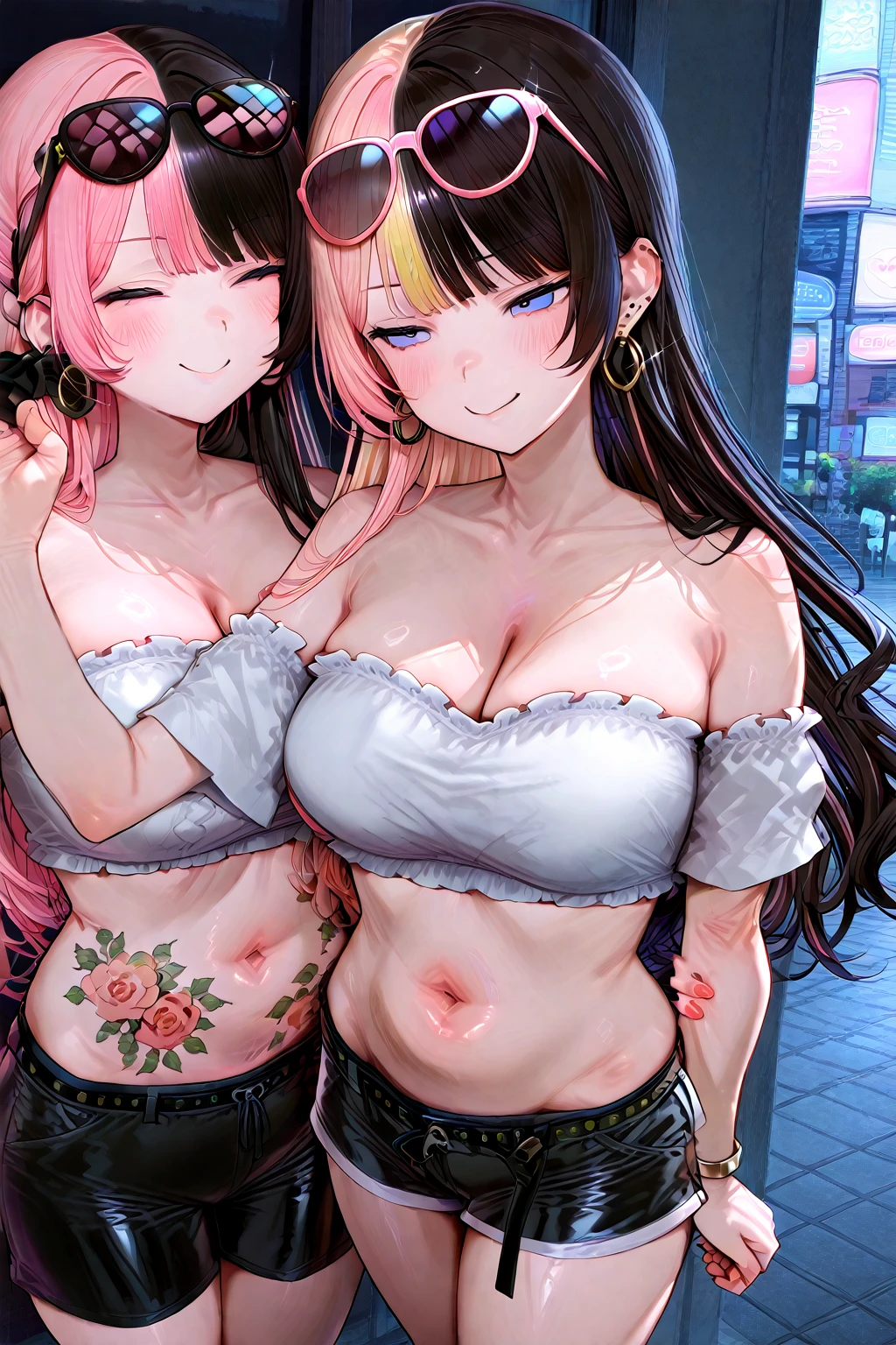 (Best quality, 8k, 32k, Masterpiece, UHD,:1.2),RAW, human, ((2girls)),ultra cute , ultra cute, natural lighting,transparent shining eyes, 20yo,Medium breast ,femur, fair complexion , flushed face, ,breast, embarrassed, ,from Above , ultra cute, lace bra and high-waisted panties,Lace garter belt with sheer stockings, Cowboy shot, wedgie, Touching each other, shiny, near windows, Closeup, pink or navy, nsfw
