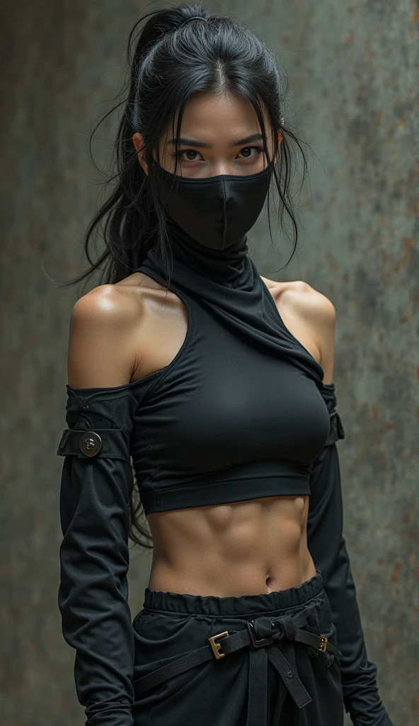 best quality, masterpiece, high resolution, 8K, (actual: 1.4), Ultra high resolution, 1 girl, Super detailed, 超Reality主义, Highly detailed CG illustrations, Official Art, Light, Reality, young beautiful girl, Perfect body, Perfect body, full view, Perfect body, (Start from below: 1.3), mask, posture, Sexy long legs, confident, beautiful and sexy, Grey short sleeves, Open belly, Black Super Shorts, S-Shaped Body, Buttocks, Assumptions, 摆posture, Different perspectives,Wearing a mask