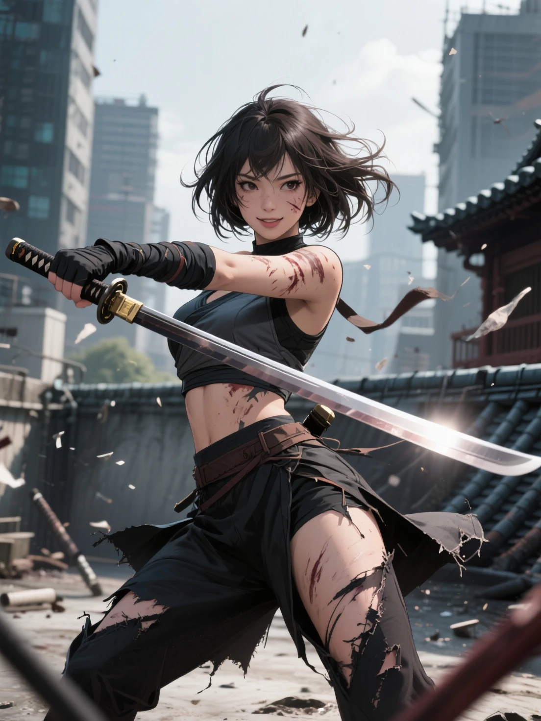 full body, imagine a beautiful and cool female ninja in the Sengoku period, portrayed within a mysterious and captivating atmosphere, reflect the woman's attire in a modern and impressive interpretation of traditional kunoichi clothing, Design her appearance to align with her graceful and swift movements, let her face express both calmness and intelligence, the female ninja adeptly wielding her sword should seamlessly blend into the enigmatic surroundings of the Sengoku period, create an image that highlights her beauty and skills against a backdrop of shadows and distinctive scenery typical of the sengoku era, jet black hair, short hair, huge breast, sagging breast, curvy, (master piece, best quality, intricate details, sharp focus, UHD, 8K, Ultra Detailed 8K CG, cinematic lighting, vivid colors, sof HDR), <lora:FaithMirror:0.55>